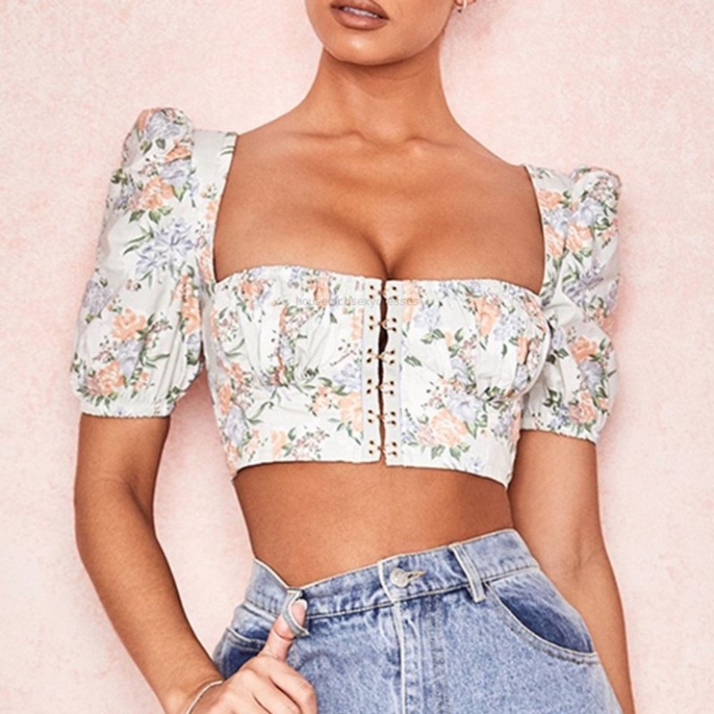 House of CB Mint Pastel Floral Puff Sleeve Crop Top